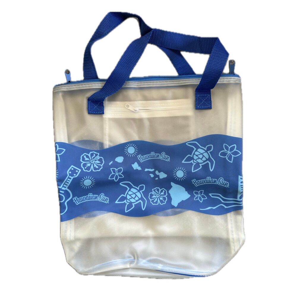 Hawaiian Sun Hibiscus Turtle Plumeria Ukulele Clear Plastic Summer Tote Bag